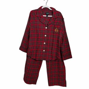 Lauren Ralph Lauren Red Tartan Plaid Monogram Cotton Long Sleeve Pajama Set XL